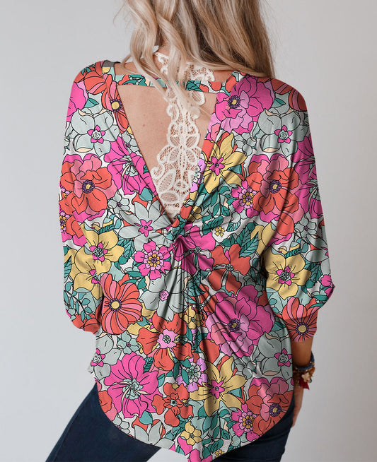 Twisted Hollow-out Back Floral Long Sleeve Top