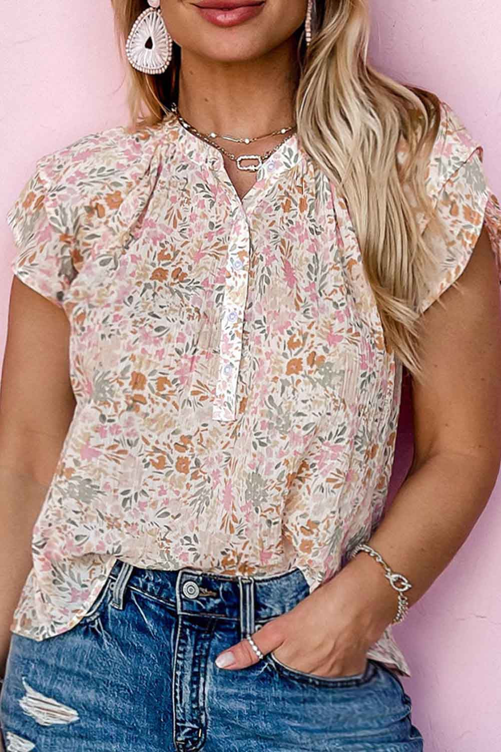 Plus Size Floral Mandarin Collar Blouse