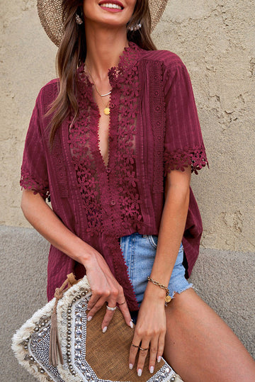 Crochet Hollow-out Lace Splicing Short Sleeve Top