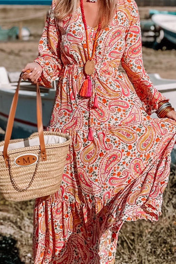 Boho Holiday Paisley Print Tiered Long Sleeve Maxi Dress