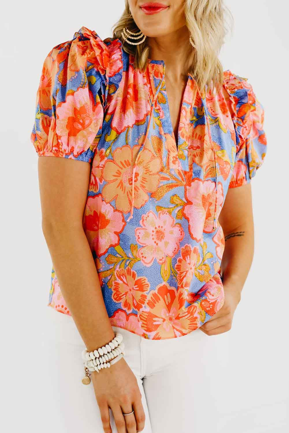 Floral Bubble Sleeve V-Neck Plus Size Blouse