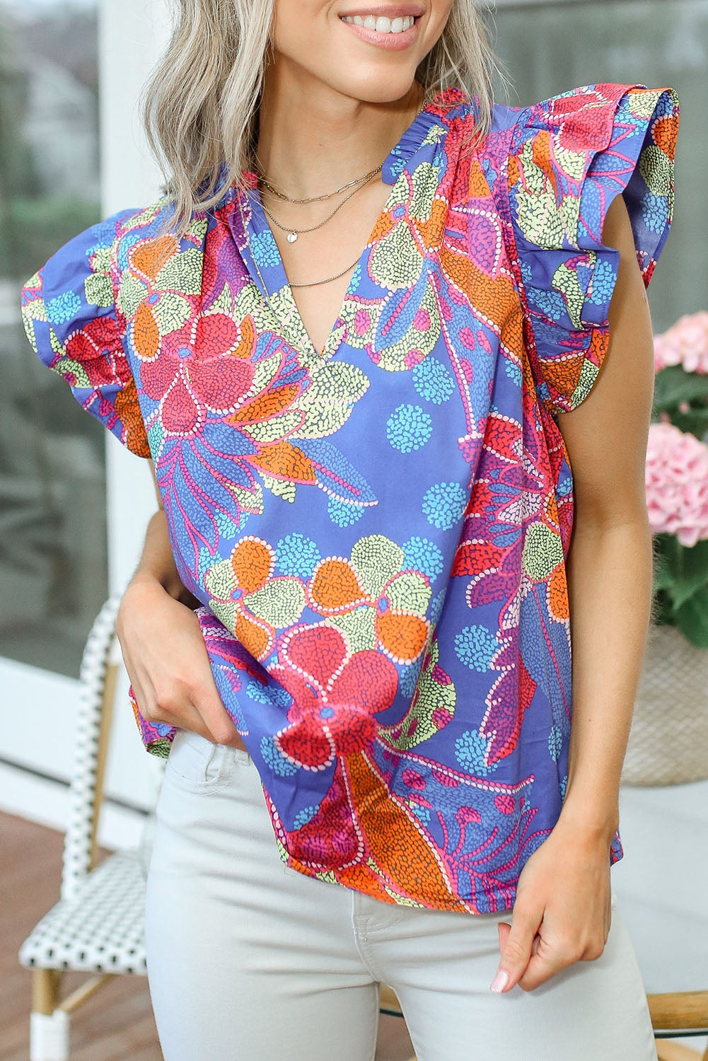 Split V Neck Flutter Floral Top