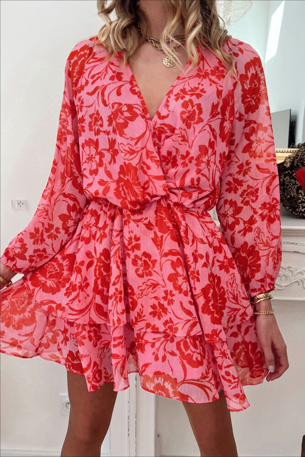 Floral Ruffle Layered Puff Sleeve Surplice Dress