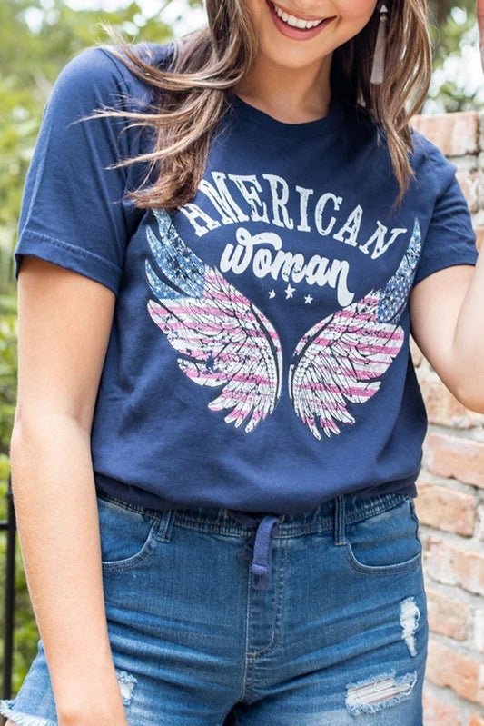 Blue American Woman Eagle Wing Flag Graphic Tee