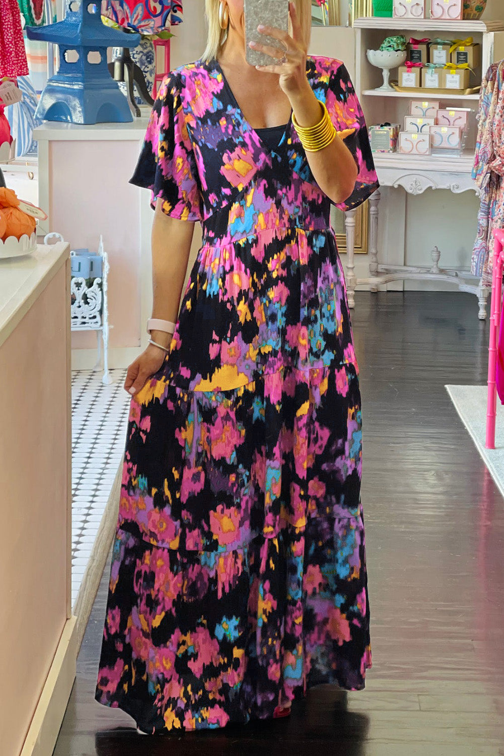 Black Abstract Floral Pattern Flutter Sleeve Tiered Maxi Dress