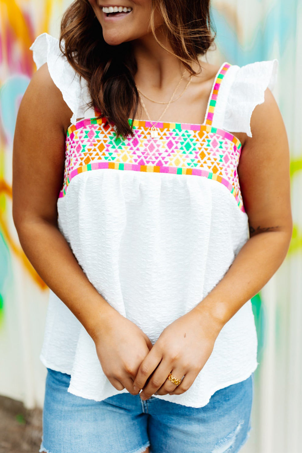 Aztec Embroidered Square Neck Ruffle Tank Top