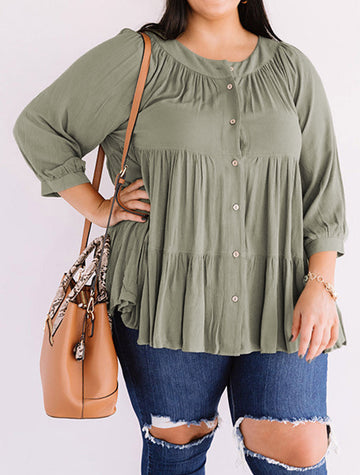 Plus Size Ruffle Tiered Split Neck Shirt