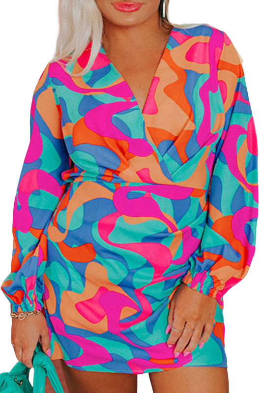 Plus Size Abstract Print Pleated Surplice Long Sleeve Dress