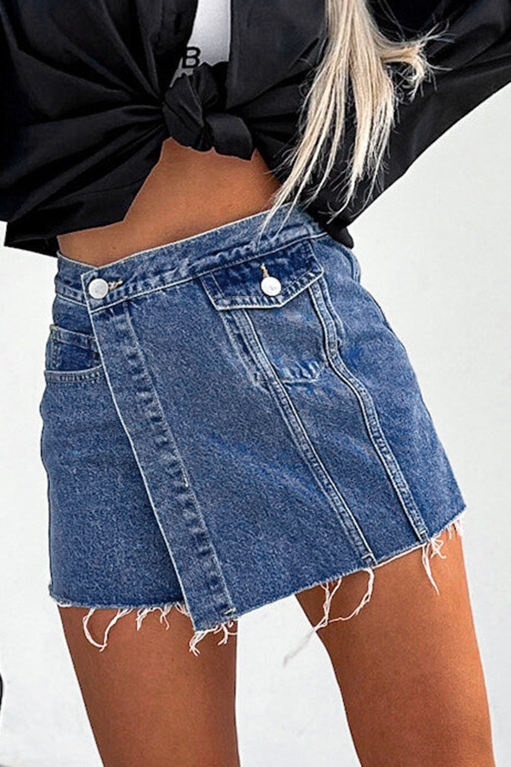 Blue Button Wrap Over Raw Hem Denim Shorts