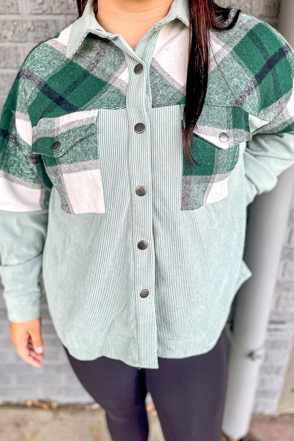 Plaid Patchwork Plus Size Corduroy Shacket