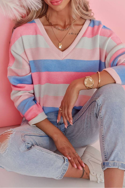 Contrast Striped V Neck Long Sleeve Top