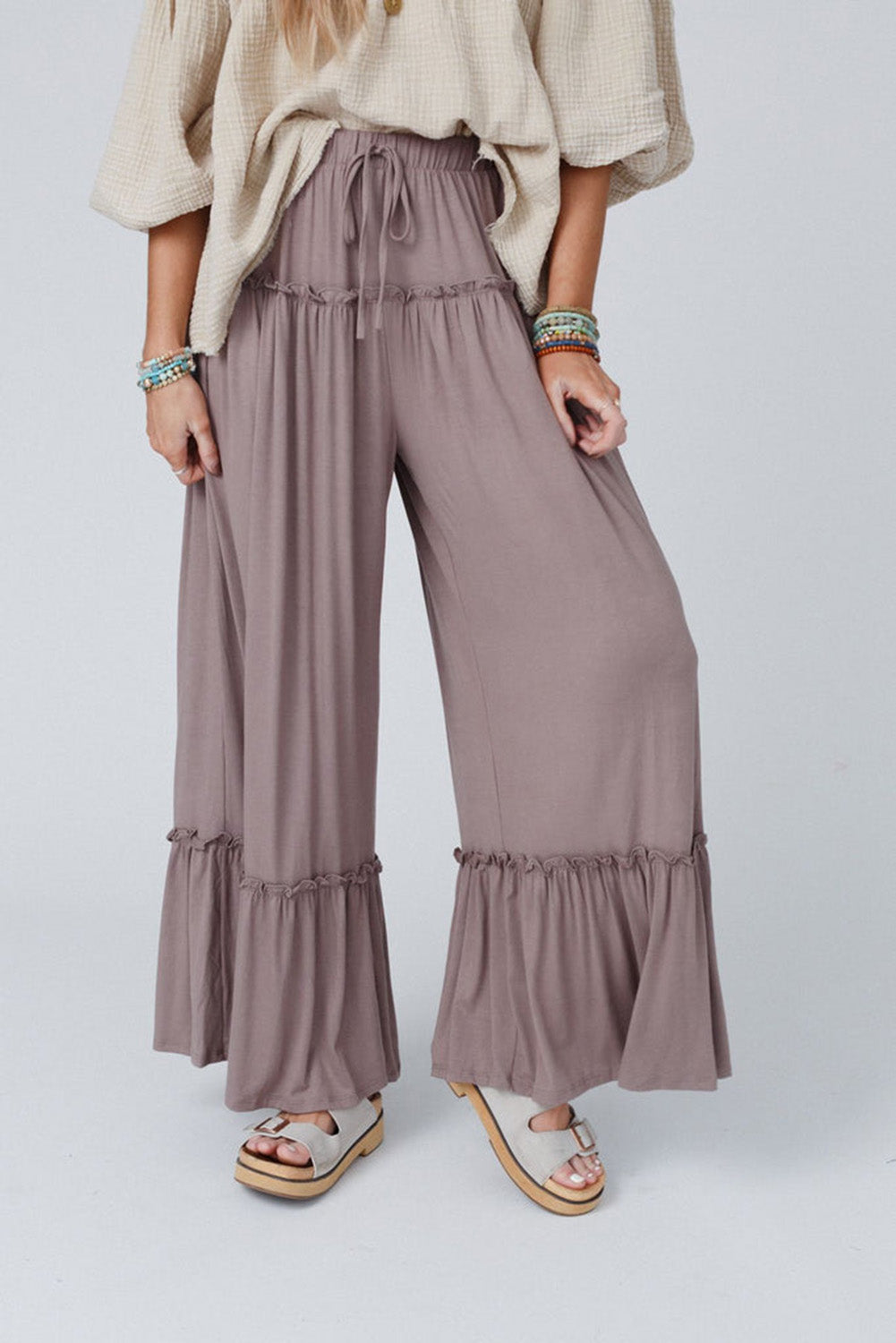 Frilled Drawstring High Waist Wide Leg Pants