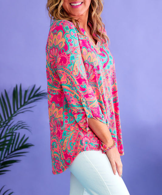 Plus Size Paisley Print V Neck Roll Tab Sleeve Blouse