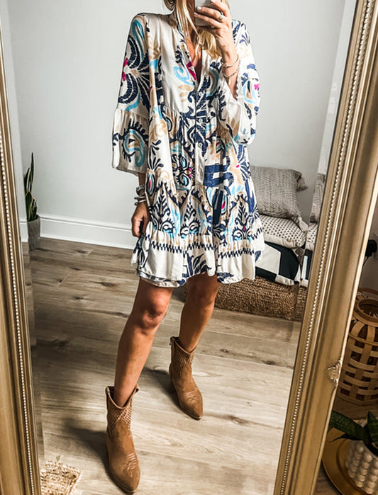 Printed Tribal Print Bracelet Sleeve Buttoned Mini Dress