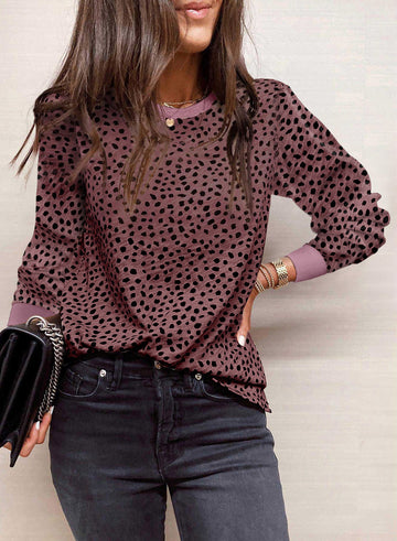 Animal Spotted Print Round Neck Long Sleeve Top