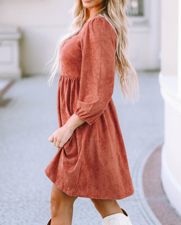 Suede Square Neck Puff Sleeve Dress