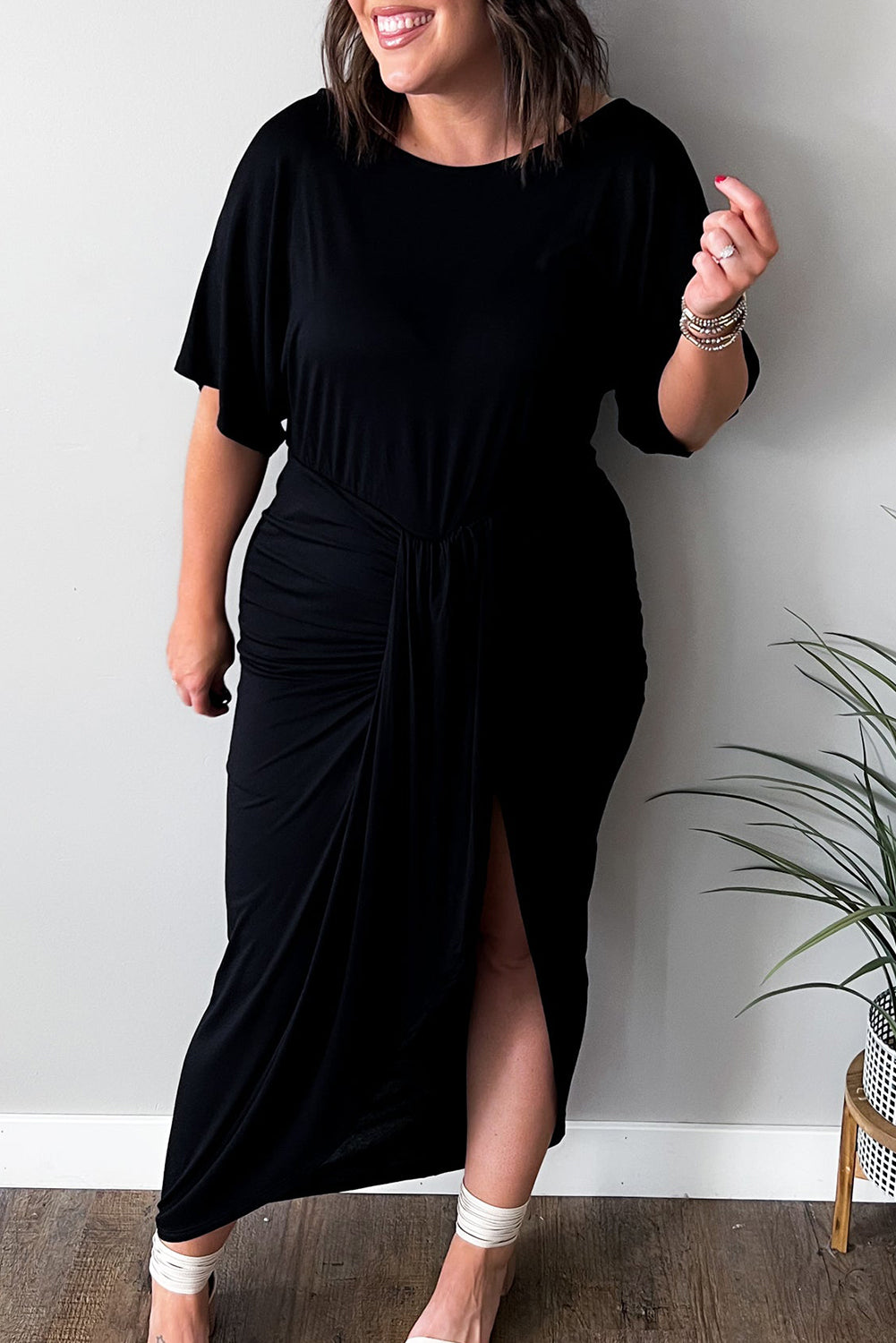 Side Split High Waist Short Sleeve Plus Size Maxi Dress