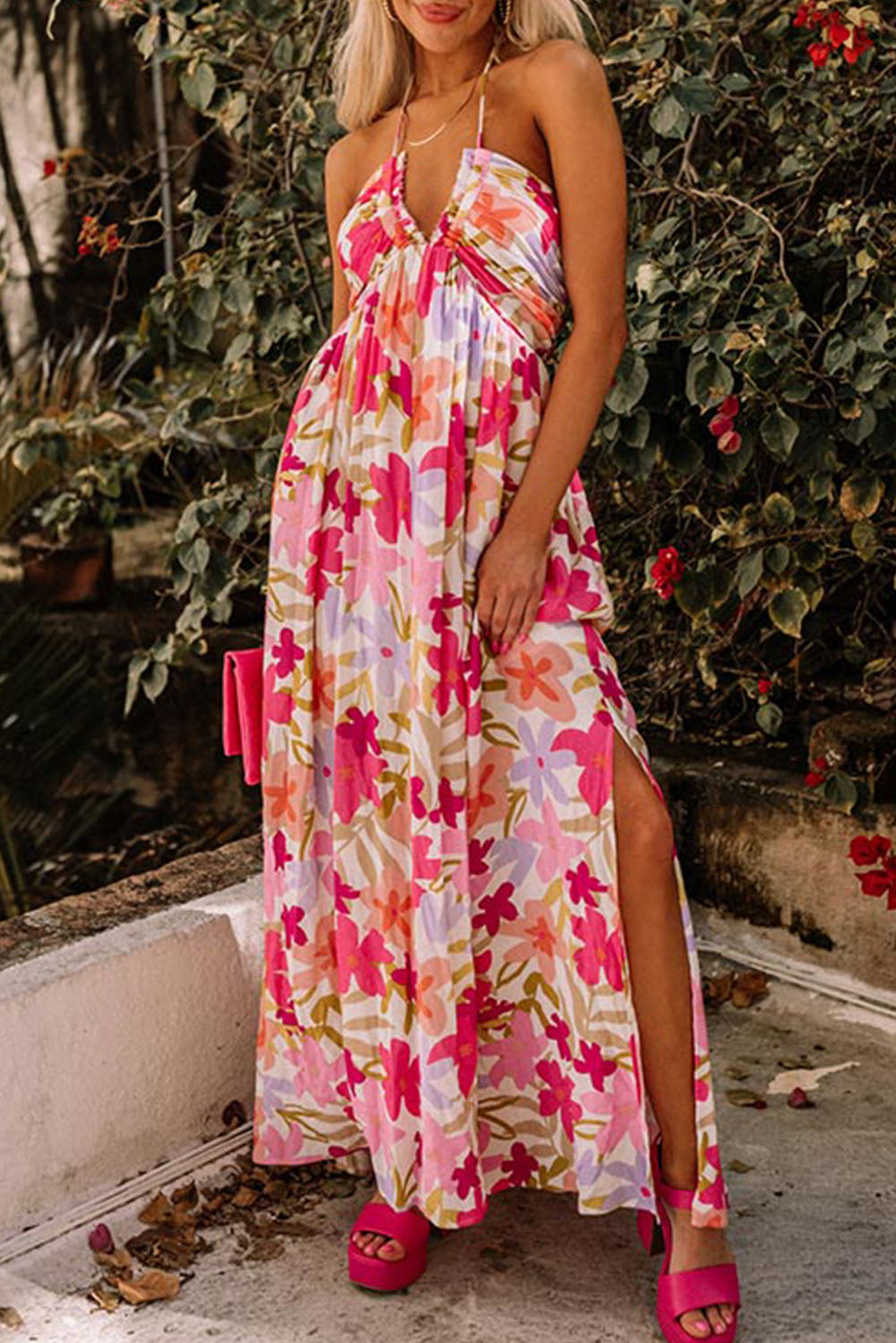 Halter Neck Backless Floral Print Maxi Dress