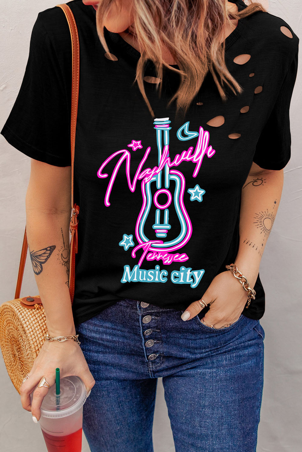 Black Distressed Nashville Music City Graphic Tee