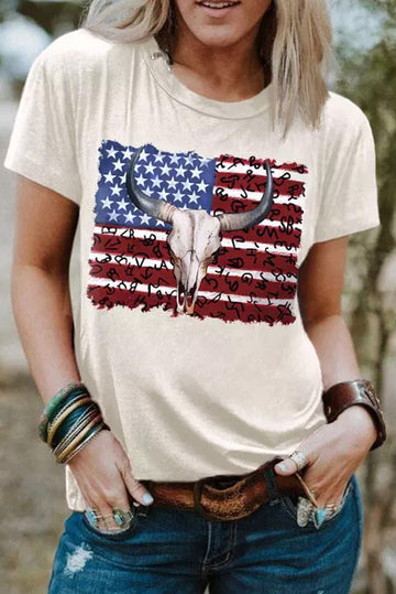 White Bull Skull American Flag Graphic Tee