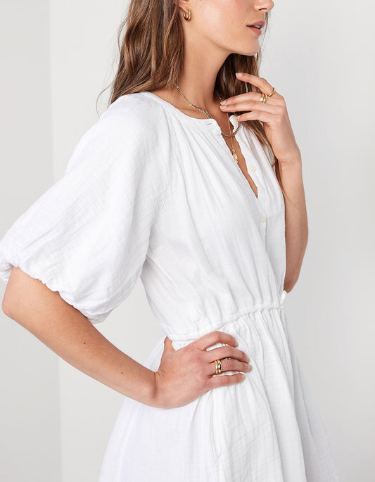 Puff Sleeve Drawstring Shirt Dress with Pockets