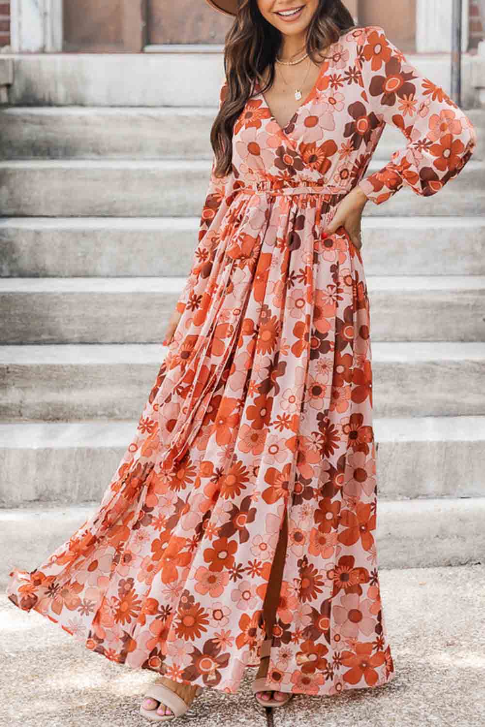 Floral V-Neck Long Sleeve Belted Maxi Dress