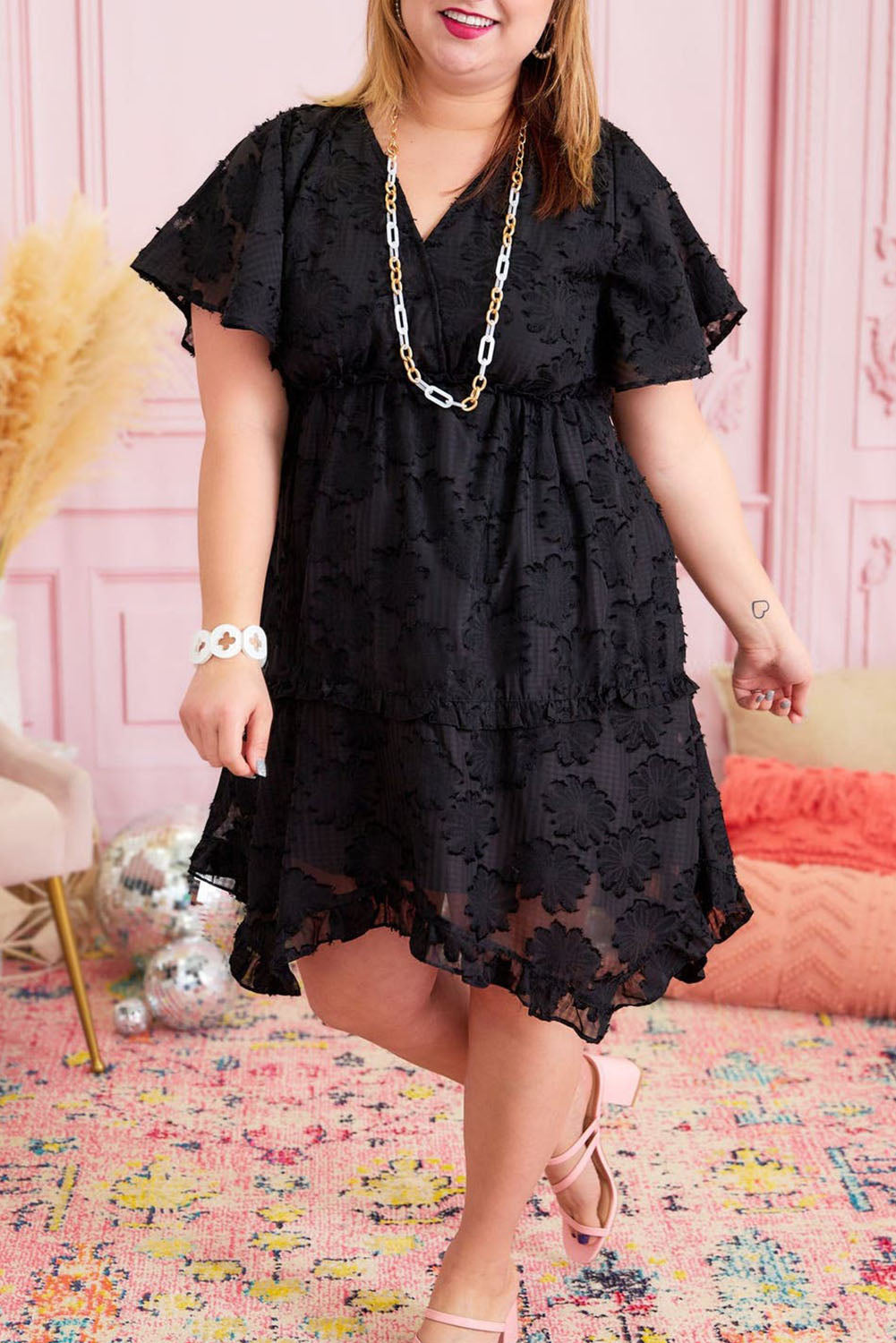 Black Floral Jacquard Flutter Sleeve Plus Size Mini Dress