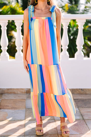 Stripe Tiered Tie Shoulder Straps Maxi Dress