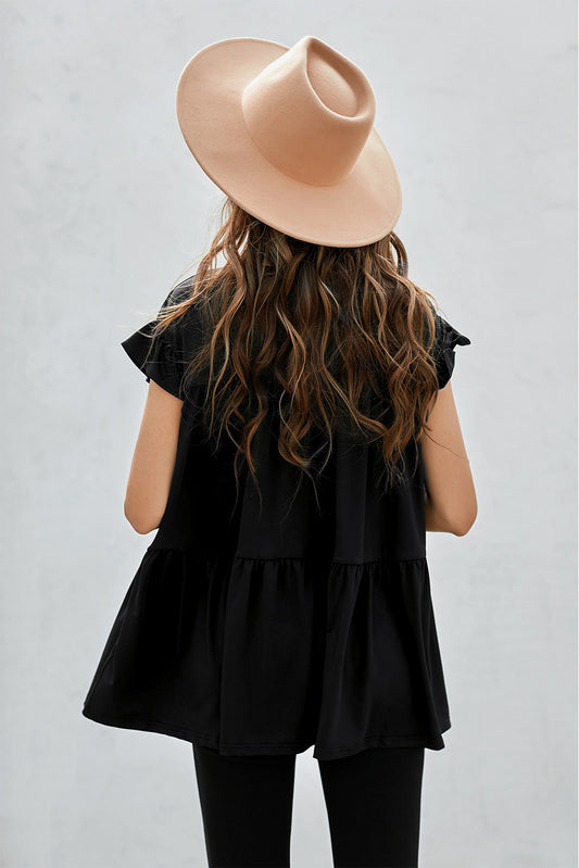 Black Short Sleeve Keyhole Ruffled Babydoll Top