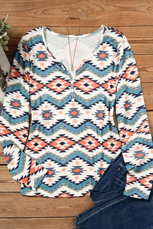 Aztec Geometric Print Long Sleeve Henley Top