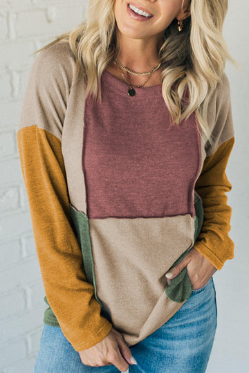 Exposed Seam Colorblock Knit Long Sleeve Top