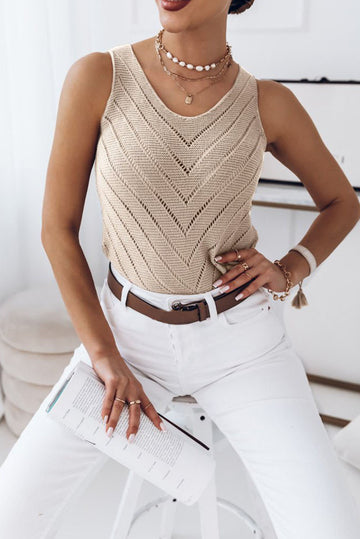 Khaki Chevron Hollowed Knit Tank Top