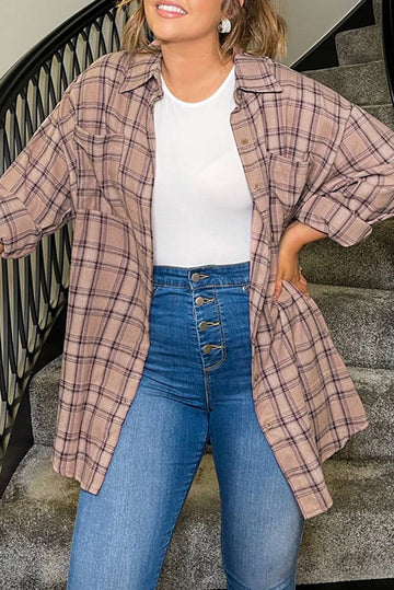 Plus Size Plaid Print Buttoned Oversized Tunic Shirt