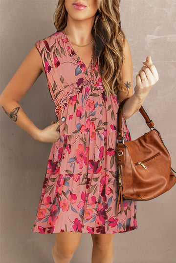 Boho Floral Print Frill V Neck Sleeveless Dress