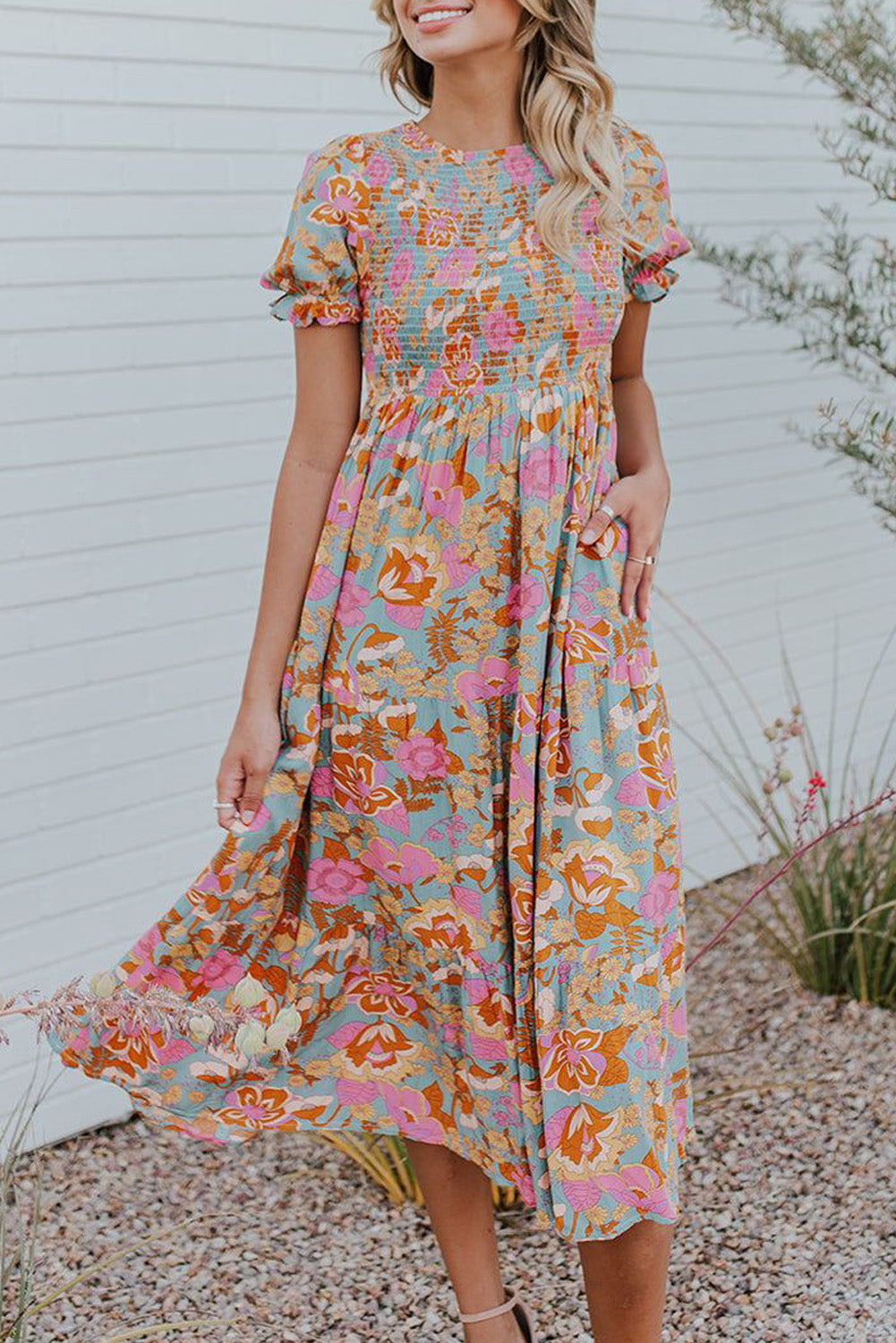 Floral Bubble Sleeve Smocked Flowy Ruffle Dress