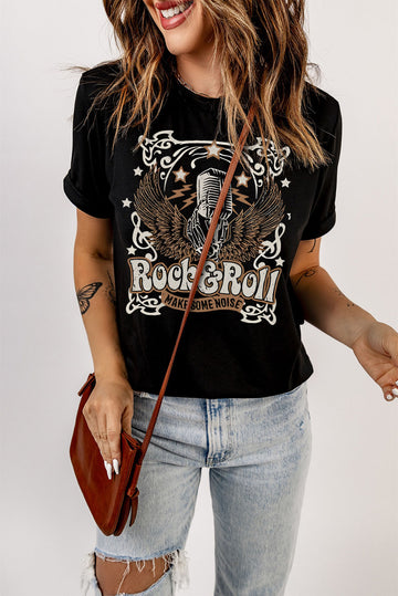 Black Vintage Rock Roll Graphic Tee