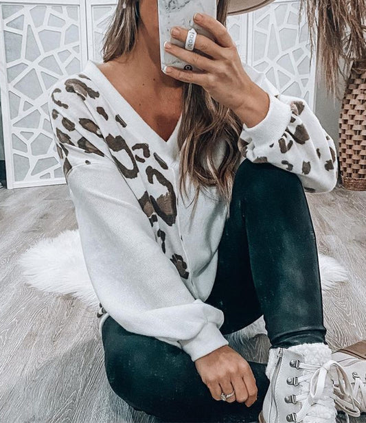 Leopard Patchwork V Neck Long Sleeve Top