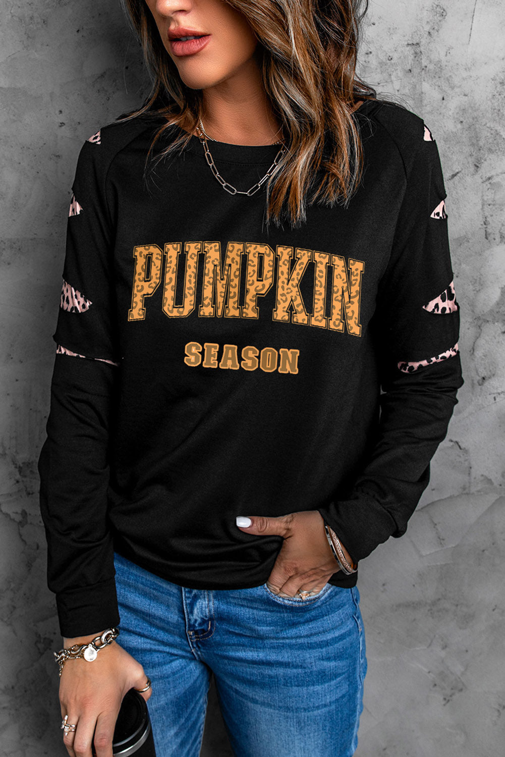 Leopard PUMPKIN SEASON Graphic Ripped Sleeve Sweatshirt