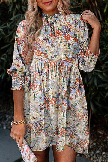 Floral Frilled Neck Shirred Bracelet Sleeve Dress