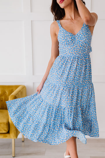 Sky Blue Floral Tie Back Long Dress