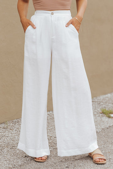 Solid Color Elastic Waist Pleated Wide Leg Pants