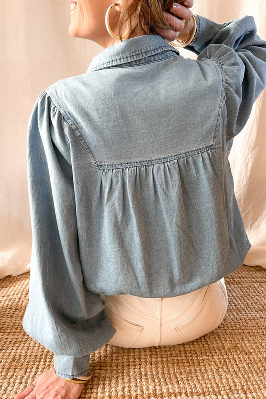 V-shape Stitching Puff Sleeve Denim Shirt