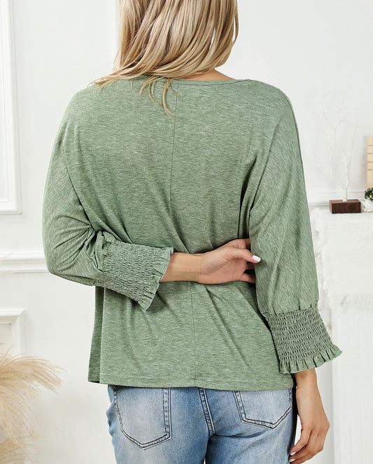 Smocked 3/4 Sleeve Casual Loose Top