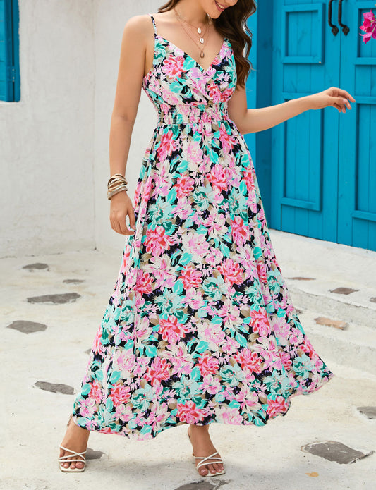 Sling V-Neck Elastic Waist Floral Maxi Dress