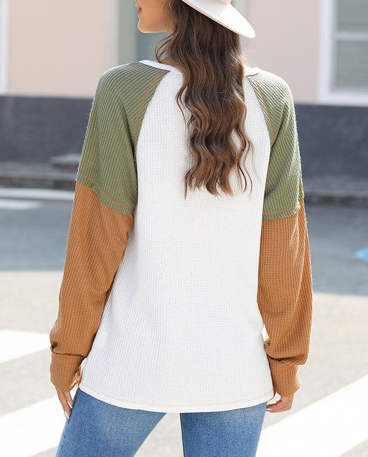 Color Block Exposed Seam Waffle Knit Long Sleeve Top