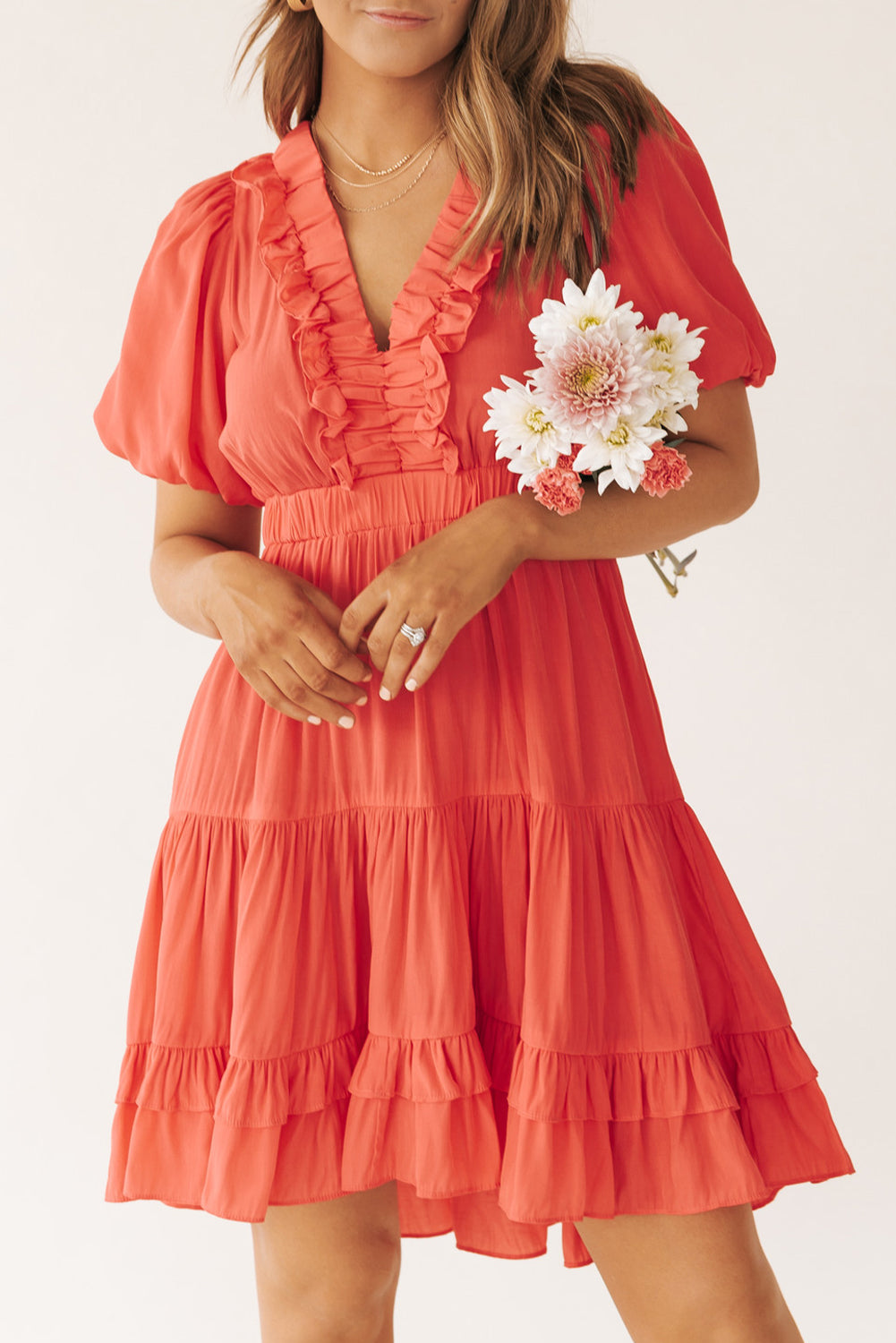 Orange Ruffle V Neck Tiered Puff Sleeve Mini Dress