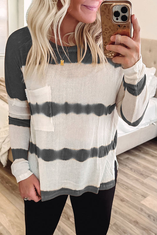 Tie Dye Striped Loose Knitted Long Sleeve Top with Slits