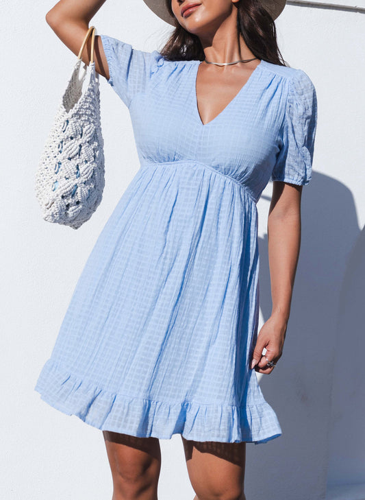 Checkered Pattern Puff Sleeve Babydoll Dress