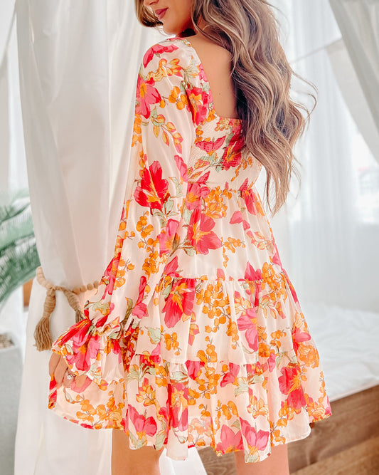 Red Smocked Tiered Floral Dress