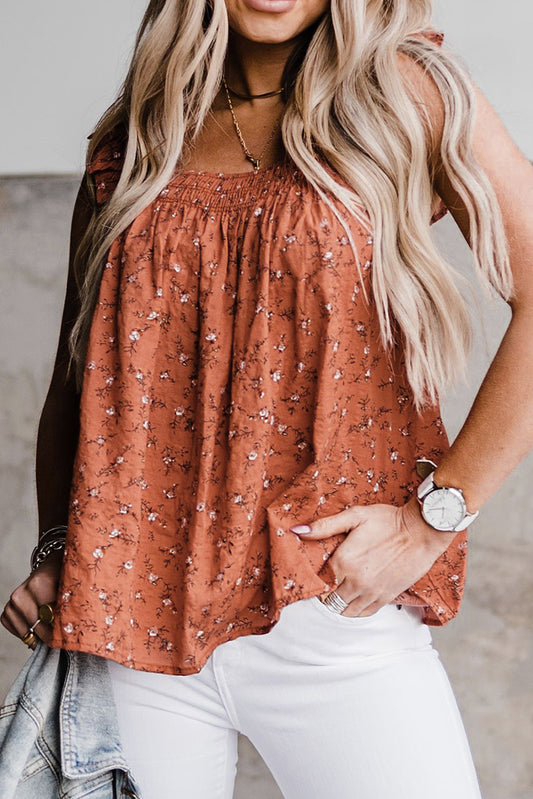 Floral Print Smocked Flounce Sleeveless Top